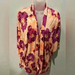 LOGO by Lori Goldstein floral open front cardigan pockets drop shoulders stretch